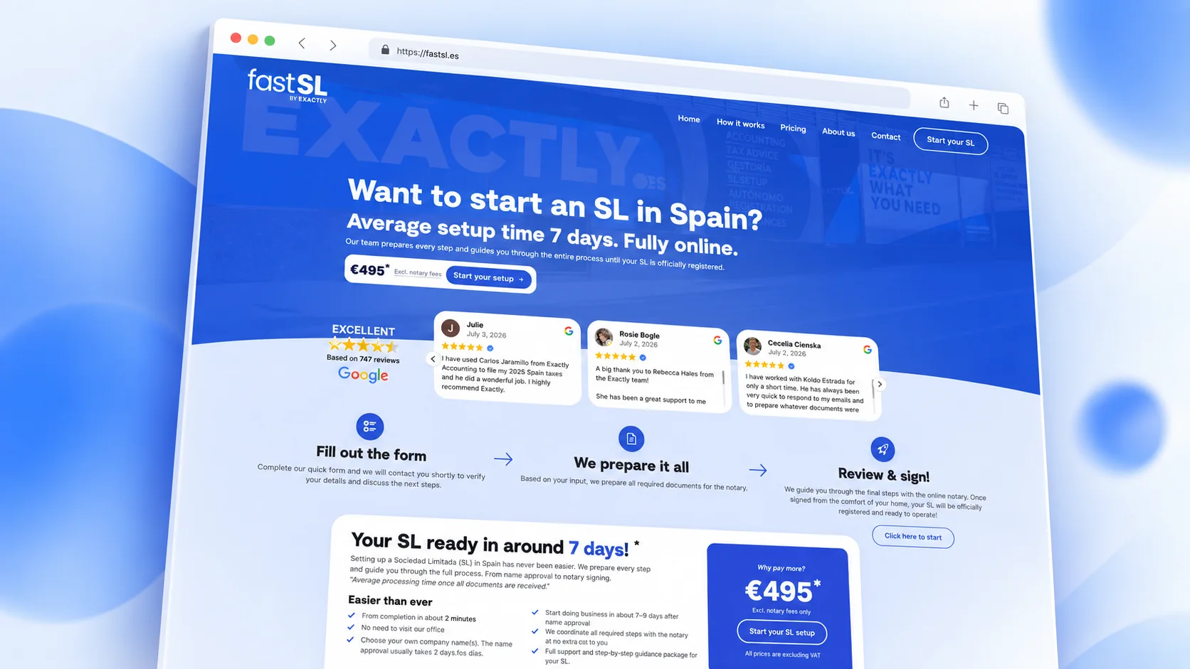 FastSL landing page for setting up a Spanish SL online, with pricing and Google reviews