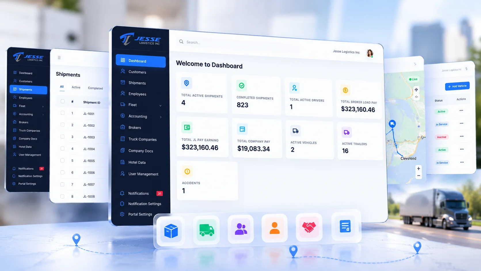 Jesse Logistics portal dashboard showing shipments, drivers, broker pay, and fleet